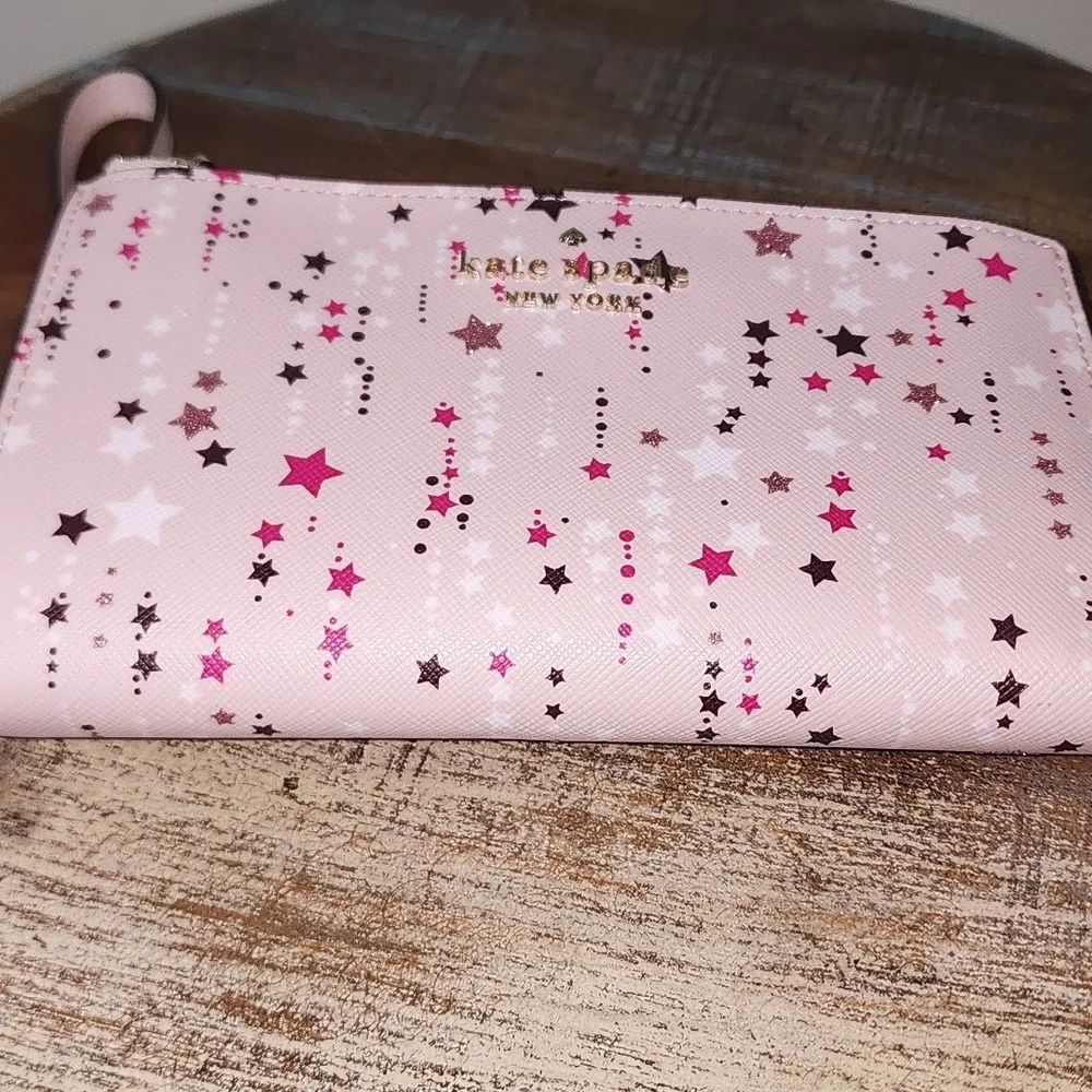 Kate Spade New York Leather Pink Stars Sparkle Wallet Clutch Wristlet